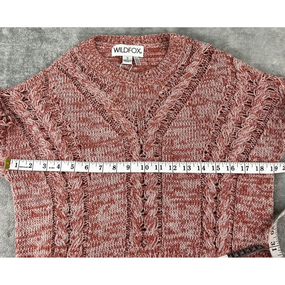Wildfox Small Warren Sweater Pink Red Pullover Cable Knit‎ Fringe Sleeve Sample